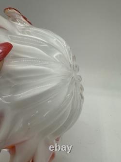 Vintage Murano Style Art Glass Ruffled Bowl Orange Red Latticino Zanfirico Dish