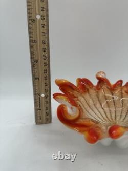 Vintage Murano Style Art Glass Ruffled Bowl Orange Red Latticino Zanfirico Dish