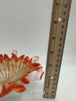 Vintage Murano Style Art Glass Ruffled Bowl Orange Red Latticino Zanfirico Dish
