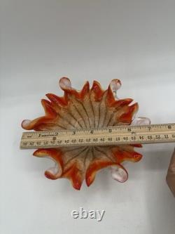 Vintage Murano Style Art Glass Ruffled Bowl Orange Red Latticino Zanfirico Dish