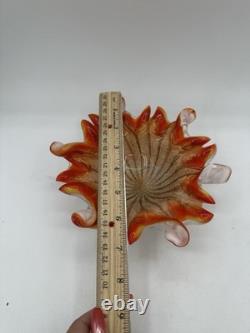 Vintage Murano Style Art Glass Ruffled Bowl Orange Red Latticino Zanfirico Dish