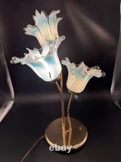 Vintage Murano Style Art Glass Tulip Lamp 3 Light Blue Brass Hollywood Regency
