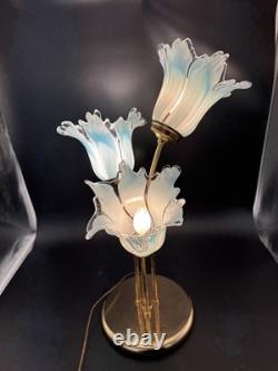 Vintage Murano Style Art Glass Tulip Lamp 3 Light Blue Brass Hollywood Regency