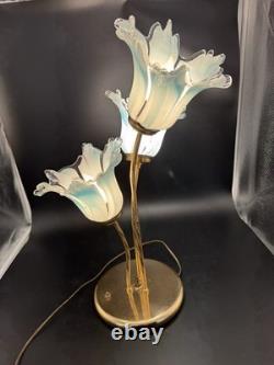 Vintage Murano Style Art Glass Tulip Lamp 3 Light Blue Brass Hollywood Regency