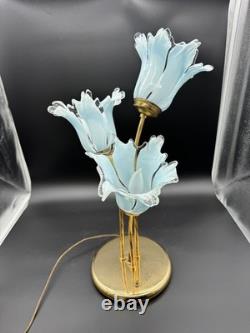 Vintage Murano Style Art Glass Tulip Lamp 3 Light Blue Brass Hollywood Regency