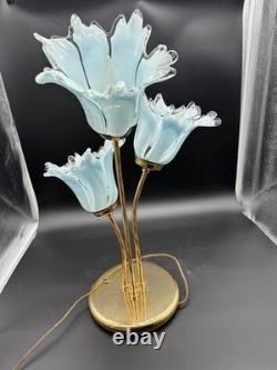 Vintage Murano Style Art Glass Tulip Lamp 3 Light Blue Brass Hollywood Regency