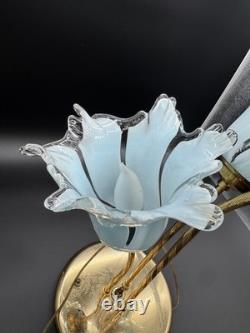 Vintage Murano Style Art Glass Tulip Lamp 3 Light Blue Brass Hollywood Regency