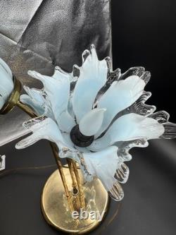 Vintage Murano Style Art Glass Tulip Lamp 3 Light Blue Brass Hollywood Regency