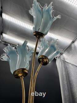 Vintage Murano Style Art Glass Tulip Lamp 3 Light Blue Brass Hollywood Regency