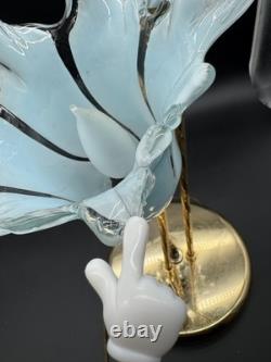Vintage Murano Style Art Glass Tulip Lamp 3 Light Blue Brass Hollywood Regency