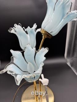 Vintage Murano Style Art Glass Tulip Lamp 3 Light Blue Brass Hollywood Regency