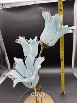 Vintage Murano Style Art Glass Tulip Lamp 3 Light Blue Brass Hollywood Regency