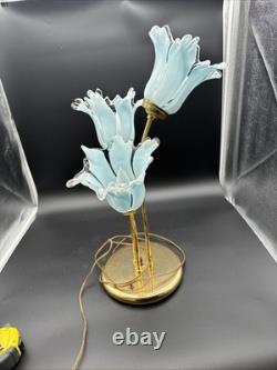 Vintage Murano Style Art Glass Tulip Lamp 3 Light Blue Brass Hollywood Regency
