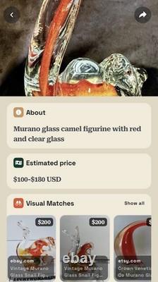 Vintage Murano Style Art Glass Two Hump Camel Sculpture Clear & Orange Colored