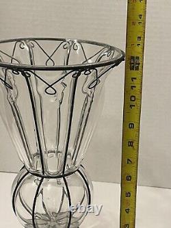 Vintage Murano Style Blown Caged Glass Bubble Vase Urn Planter Stand Art Deco
