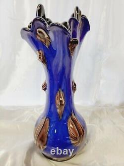 Vintage Murano Style Blown Glass corset Vase cobalt Blue & Multi Color 16.5