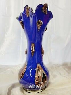 Vintage Murano Style Blown Glass corset Vase cobalt Blue & Multi Color 16.5