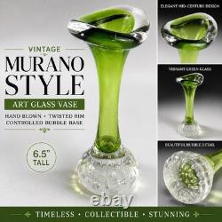 Vintage Murano Style Green Hand Blown Art Glass Bud Vase Twisted Rim 6.5