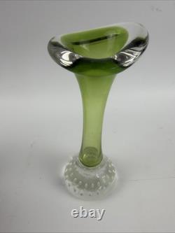 Vintage Murano Style Green Hand Blown Art Glass Bud Vase Twisted Rim 6.5