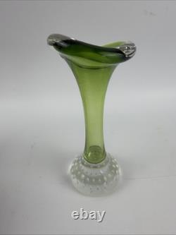 Vintage Murano Style Green Hand Blown Art Glass Bud Vase Twisted Rim 6.5