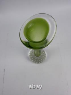 Vintage Murano Style Green Hand Blown Art Glass Bud Vase Twisted Rim 6.5