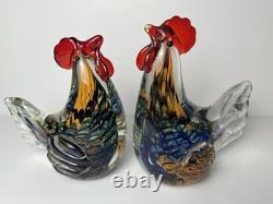 Vintage Murano Style Hand Blown Art Glass Rooster Figurine 7in Heavy Set of 2