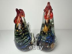 Vintage Murano Style Hand Blown Art Glass Rooster Figurine 7in Heavy Set of 2