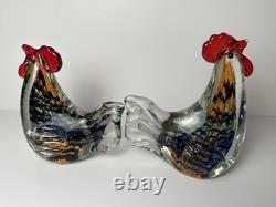 Vintage Murano Style Hand Blown Art Glass Rooster Figurine 7in Heavy Set of 2