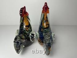 Vintage Murano Style Hand Blown Art Glass Rooster Figurine 7in Heavy Set of 2