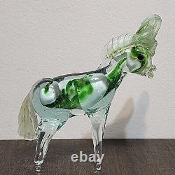 Vintage Murano Style Hand Blown Glass 6.5 Green/Clear Donkey/Mule Figurine READ