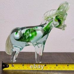 Vintage Murano Style Hand Blown Glass 6.5 Green/Clear Donkey/Mule Figurine READ