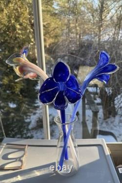 Vintage Murano Style Hand Blown Glass Flowers Set of 3 Long Stem exceptional Vintage Murano Style Hand Blown Glass Flowers Set of 3 Long Stem exceptional