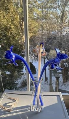 Vintage Murano Style Hand Blown Glass Flowers Set of 3 Long Stem exceptional