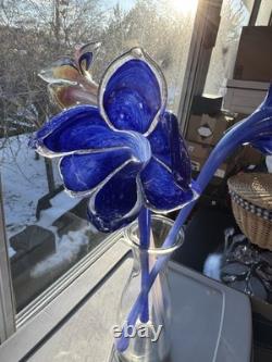 Vintage Murano Style Hand Blown Glass Flowers Set of 3 Long Stem exceptional