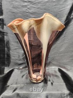 Vintage Murano Style Hand Blown Glass with Ruffled Top Pink & Cream Vase