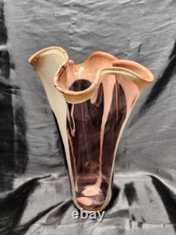 Vintage Murano Style Hand Blown Glass with Ruffled Top Pink & Cream Vase