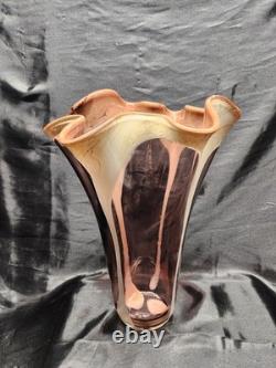 Vintage Murano Style Hand Blown Glass with Ruffled Top Pink & Cream Vase