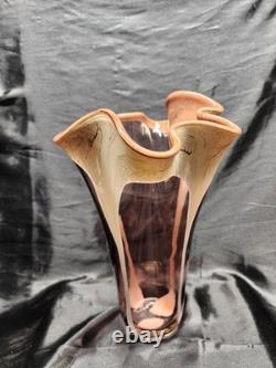 Vintage Murano Style Hand Blown Glass with Ruffled Top Pink & Cream Vase