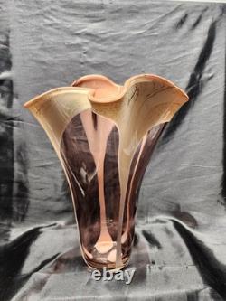Vintage Murano Style Hand Blown Glass with Ruffled Top Pink & Cream Vase