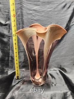 Vintage Murano Style Hand Blown Glass with Ruffled Top Pink & Cream Vase