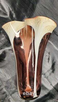 Vintage Murano Style Hand Blown Glass with Ruffled Top Pink & Cream Vase