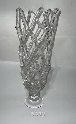 Vintage Murano Style Open Lattice Work Web Clear Glass Vase Hand Blown 19.5