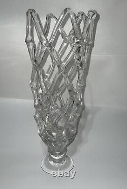 Vintage Murano Style Open Lattice Work Web Clear Glass Vase Hand Blown 19.5