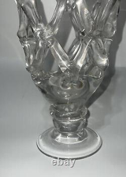 Vintage Murano Style Open Lattice Work Web Clear Glass Vase Hand Blown 19.5