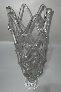 Vintage Murano Style Open Lattice Work Web Clear Glass Vase Hand Blown 19.5