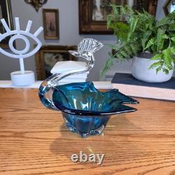 Vintage Murano Style Teal Blue Art Glass Rooster Bird Figurine MCM Decor 7