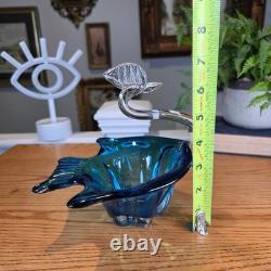 Vintage Murano Style Teal Blue Art Glass Rooster Bird Figurine MCM Decor 7