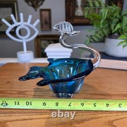 Vintage Murano Style Teal Blue Art Glass Rooster Bird Figurine MCM Decor 7