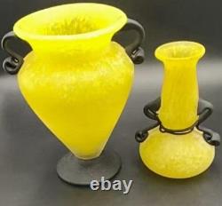Vintage Murano Style Yellow Scavo Art Glass Vase Pair Attr Cenedese/Seguso