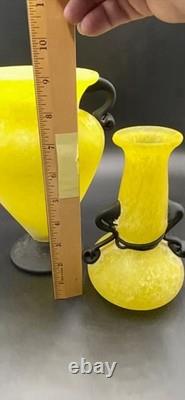 Vintage Murano Style Yellow Scavo Art Glass Vase Pair Attr Cenedese/Seguso